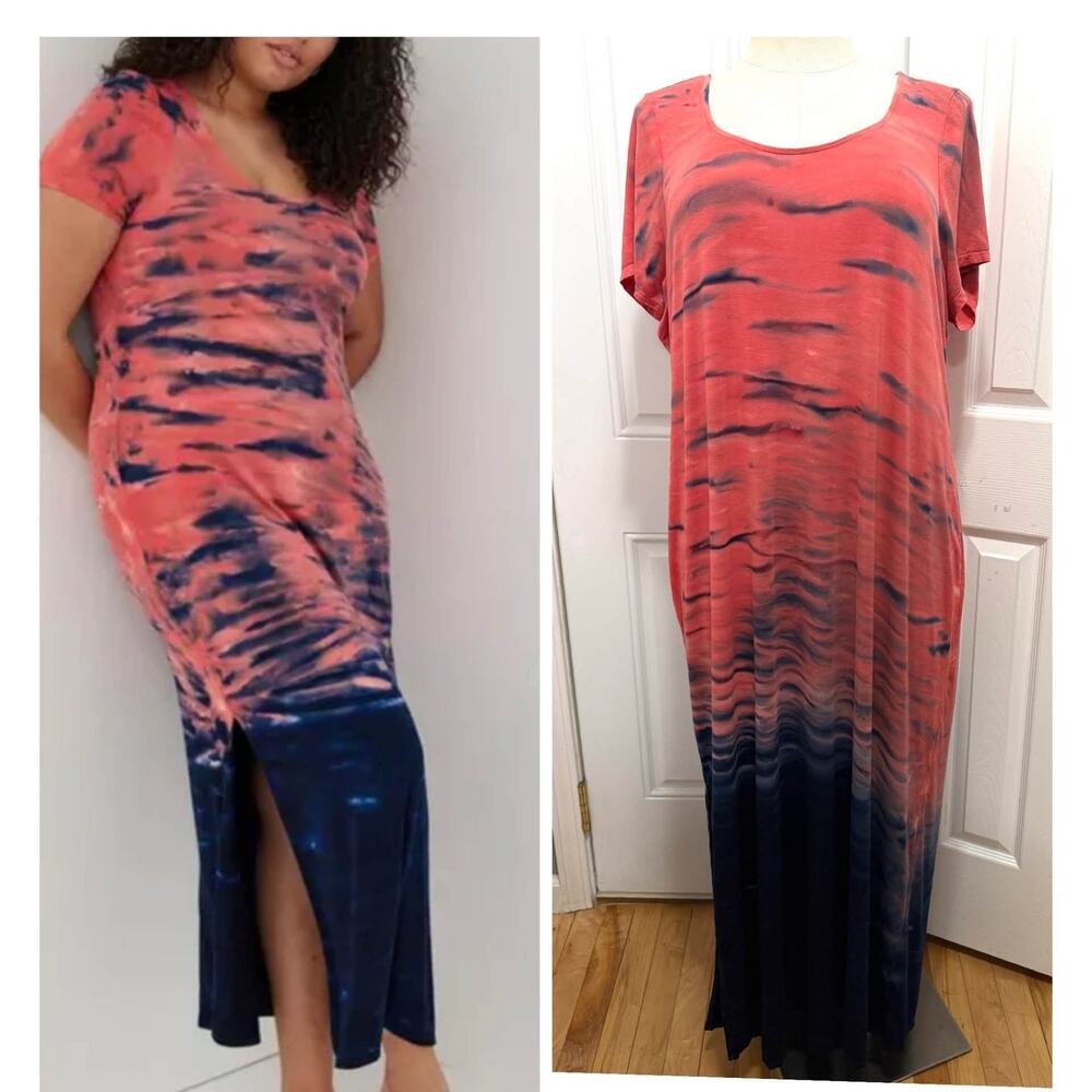 Torrid 3 (3X 22/24) Coral & Navy Tie Dye Super Soft Slit Side Maxi Dress New
